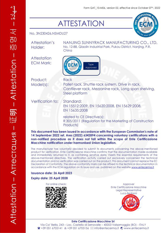 CE of racking system